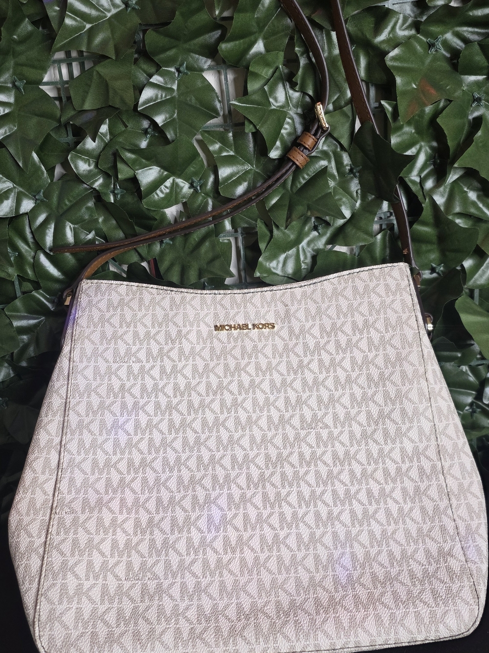 Michael Kors Light Beige Logo Shoulder Bag with Dark Brown Strap